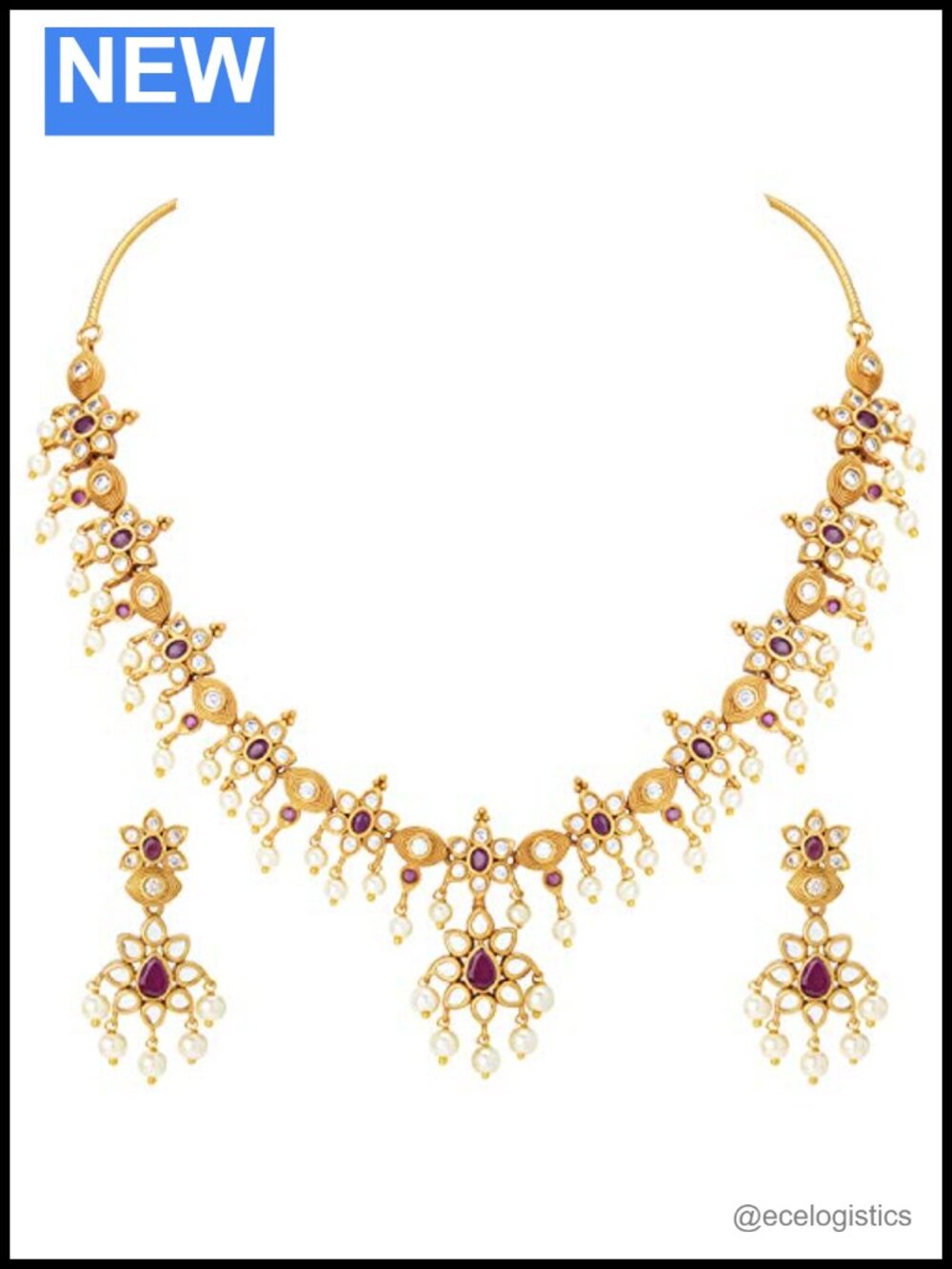 Faux Kundan Simulated Red Stone Necklace Earring Set Wedding Jewelry